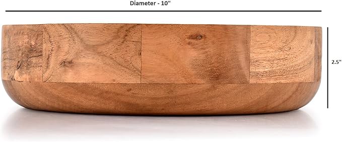 10-Inch Solid Wood Fruit Bowl – Large Round Wooden Salad Bowl, Snack Tray, Rustic Decorative Serving Dish (2.5" Tall)