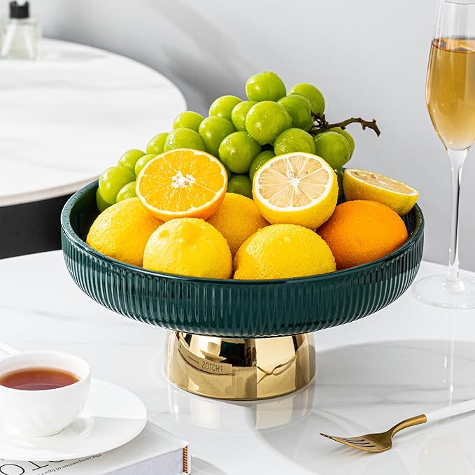 Dark Green Fruit Bowl with Gold - rimmed Pedestal - Interpreting Elegant Home Fashion