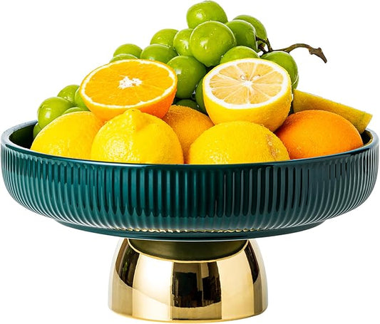 Dark Green Fruit Bowl with Gold - rimmed Pedestal - Interpreting Elegant Home Fashion