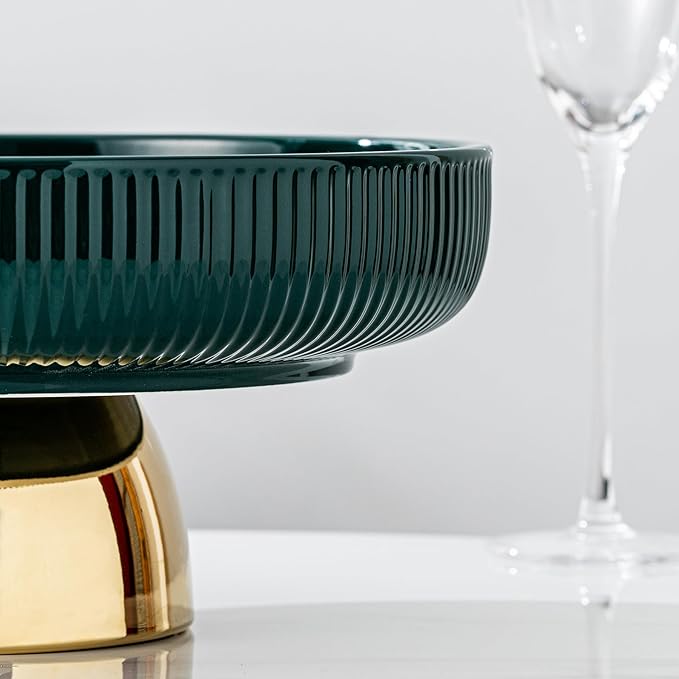 Dark Green Fruit Bowl with Gold - rimmed Pedestal - Interpreting Elegant Home Fashion