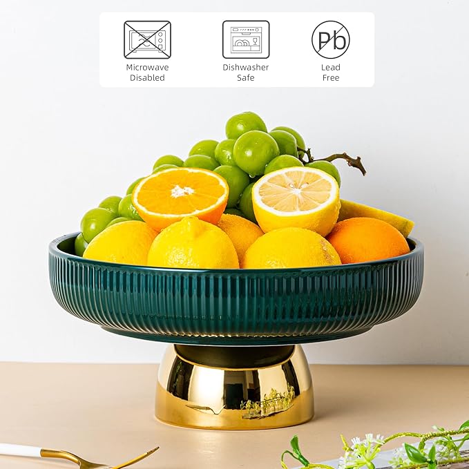 Dark Green Fruit Bowl with Gold - rimmed Pedestal - Interpreting Elegant Home Fashion