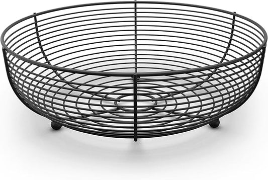 Large Modern Black Wire Fruit Bowl – Round Metal Countertop Basket for Fruit, Bread, Snack & Home Décor Display