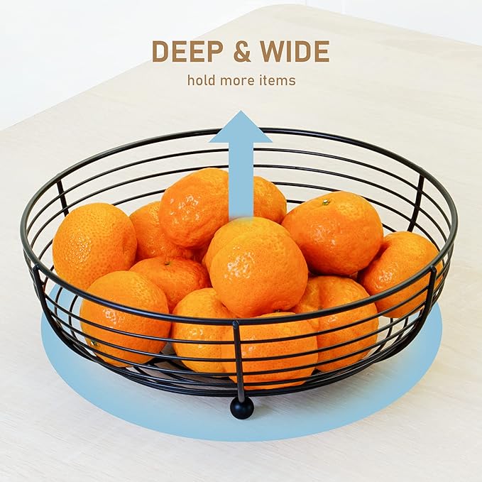 Large Modern Black Wire Fruit Bowl – Round Metal Countertop Basket for Fruit, Bread, Snack & Home Décor Display