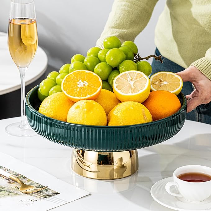 Dark Green Fruit Bowl with Gold - rimmed Pedestal - Interpreting Elegant Home Fashion