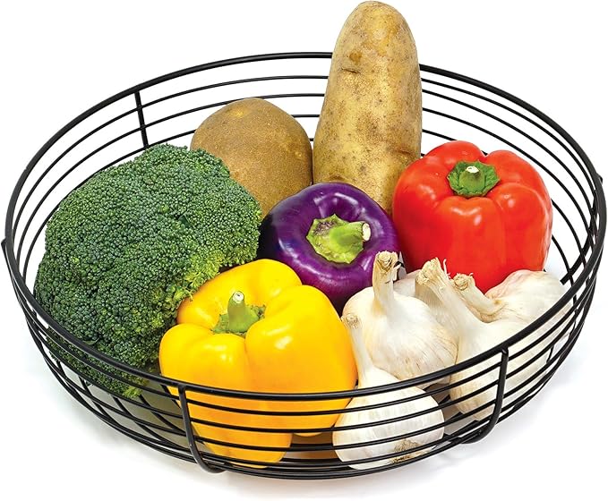 Large Modern Black Wire Fruit Bowl – Round Metal Countertop Basket for Fruit, Bread, Snack & Home Décor Display