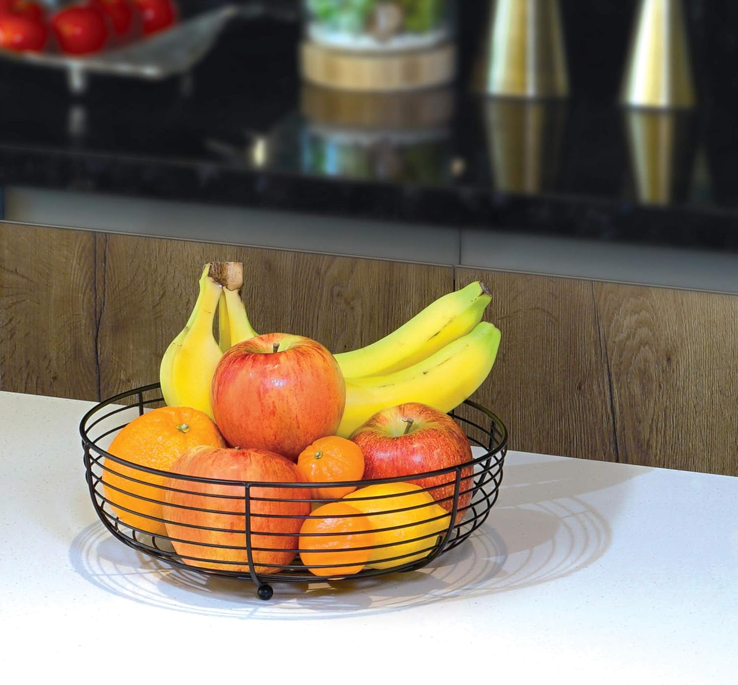 Large Modern Black Wire Fruit Bowl – Round Metal Countertop Basket for Fruit, Bread, Snack & Home Décor Display